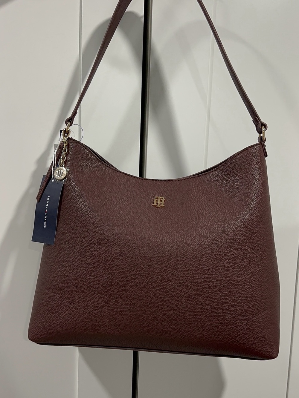 Tommy Hilfiger Deep Burgundy Pebbled Shoulder Bag with Gold Charm